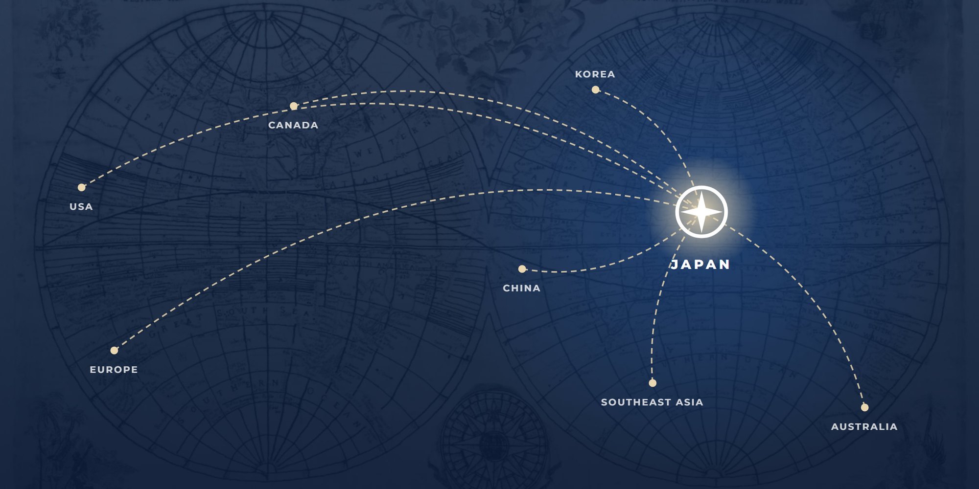 世界各地から日本へ結ぶ航路の地図